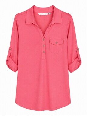 Emily Daniels Bright Pink Roll-Tab 3/4 Sleeve Collared Henley Top - Size Large